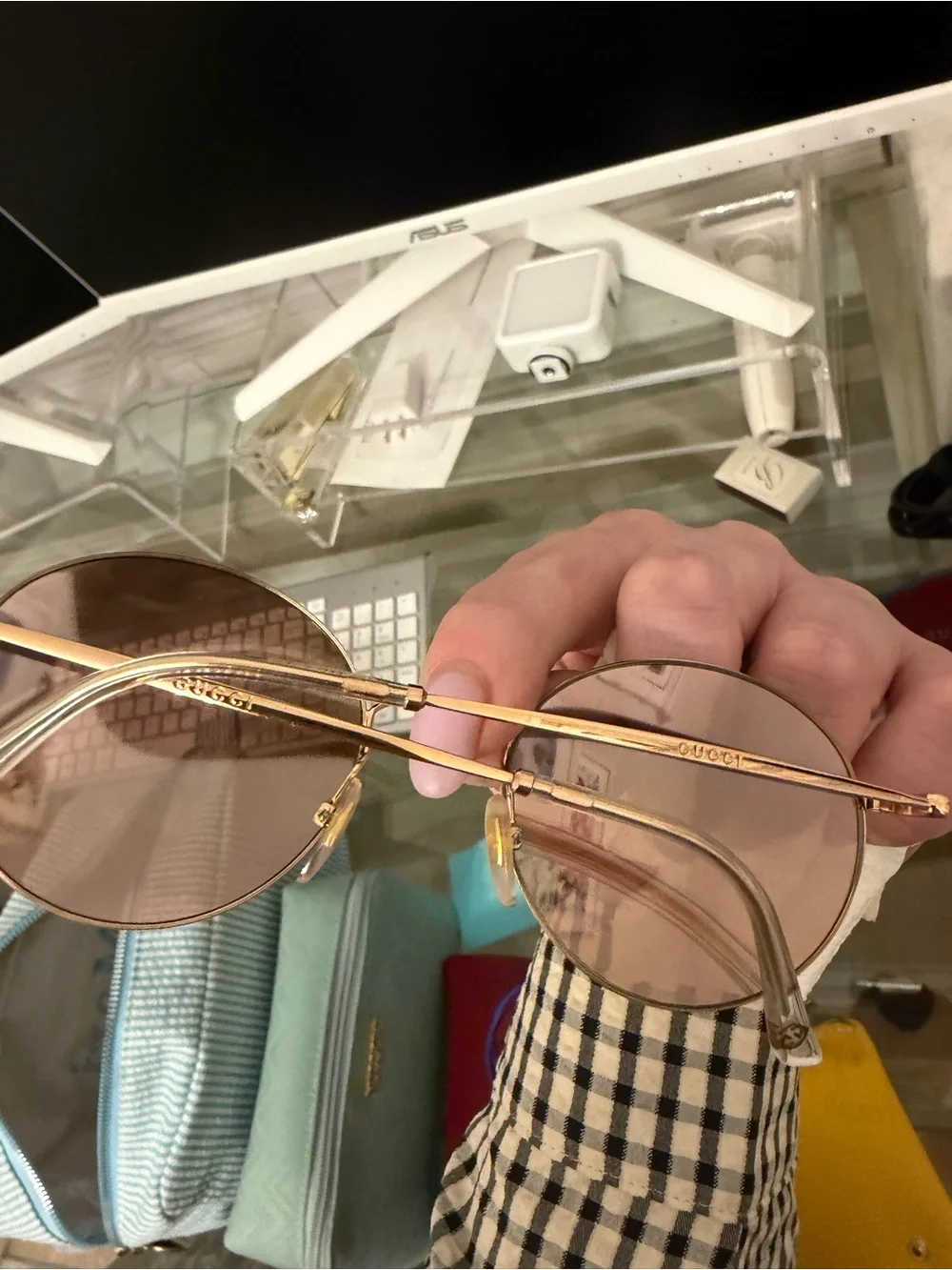 Gucci GG4272/S Round Gold Mirrored Sunglasses Pink Blue Flash Lens w/ Case